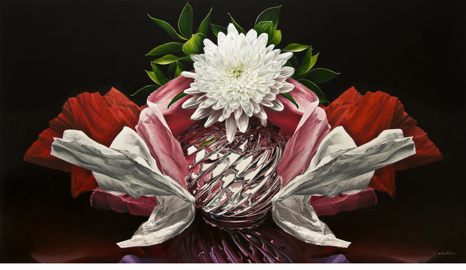 Still life, flower, fleur, nature morte, noir, black, eau ,water, underwater, bulle, bubble, hyperrealism, hyperrealiste, photorealism, photorealiste, painter, New realism, nouveau realiste, crumble paper, papier froissé, Francois Chartier, Pop culture, super hero,oil painting, peinture à l’huile, stop motion, realism, realiste, goofy, water splash, new realism, Dog, vespa, plastic, poney, pivoine, J-P Gautier,