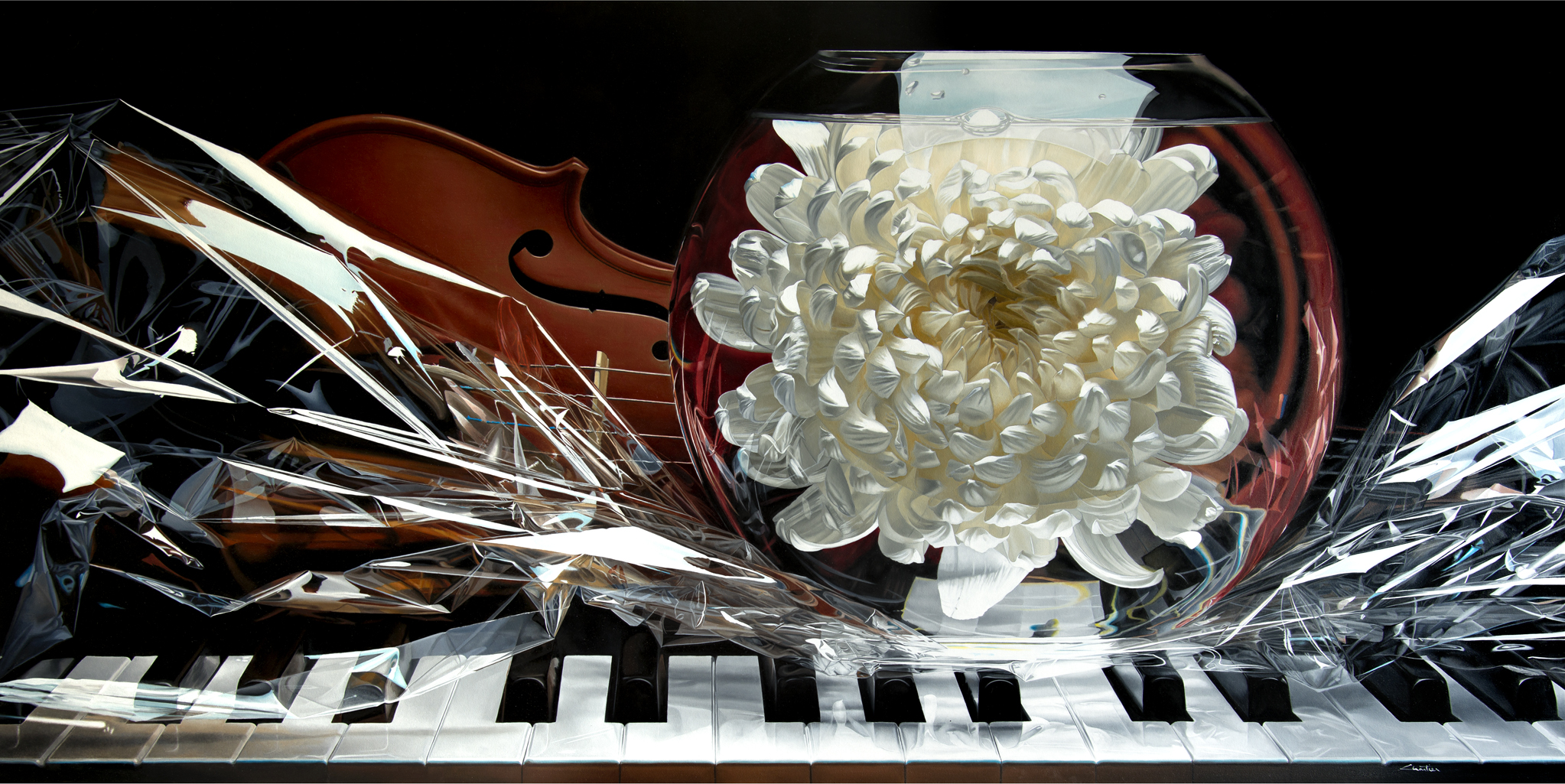 Still life, flower, fleur, nature morte, noir, black, eau ,water, underwater, bulle, bubble, hyperrealism, hyperrealiste, photorealism, photorealiste, painter, New realism, nouveau realiste, crumble paper, papier froissé, Francois Chartier, Pop culture, super hero,oil painting, peinture à l’huile, stop motion, realism, realiste, goofy, water splash, new realism, Dog, vespa, plastic, poney, pivoine, J-P Gautier,