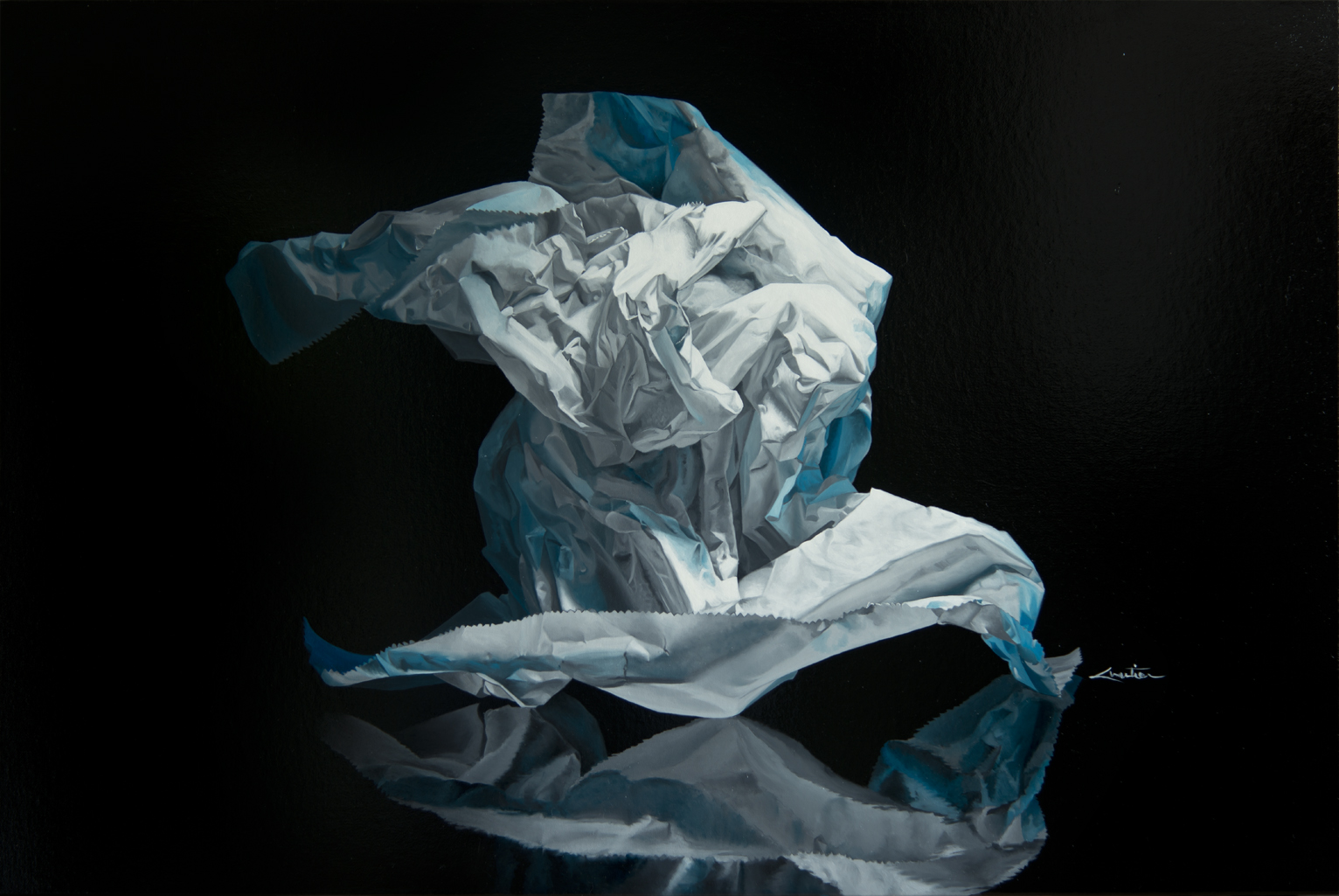 Still life, flower, fleur, nature morte, noir, black, eau ,water, underwater, bulle, bubble, hyperrealism, hyperrealiste, photorealism, photorealiste, painter, New realism, nouveau realiste, crumble paper, papier froissé, Francois Chartier, Pop culture, super hero,oil painting, peinture à l’huile, stop motion, realism, realiste, goofy, water splash, new realism, Dog, vespa, plastic, poney, pivoine, J-P Gautier,